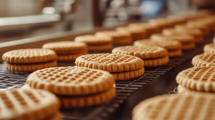 Sandwich cookies move rapidly down conveyor belt in food factory during industrial baking process.
