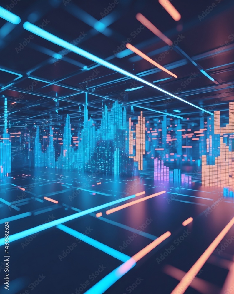 Aufkleber Illuminating data visualization in futuristic technological environment. The scene is filled with neon lights and displays data, creating immersive experience