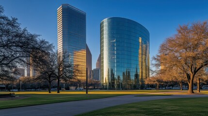 Obraz premium Tall buildings reflected in the glass facade on a sunny day