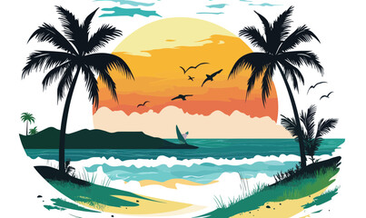 Fototapeta premium Tropical Beach Sunset with Palm Trees and Waves in Vector Art Style