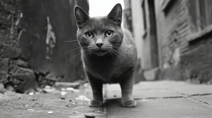 Grey cat stands, staring directly, in narrow alleyway, its fur and whiskers detailed against gritty background.