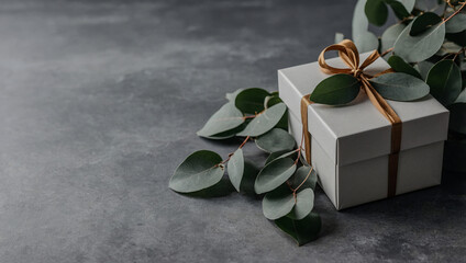 Minimalist gift box with eucalyptus leaves on gray background, neutral present for any occasion.