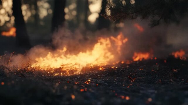 Intense wildfire flames spreading through a forest at dusk