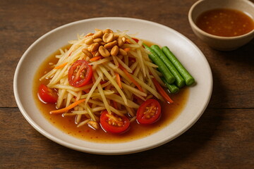 Som Tam Thai &ndash; Fresh Green Papaya Salad on Rustic Table