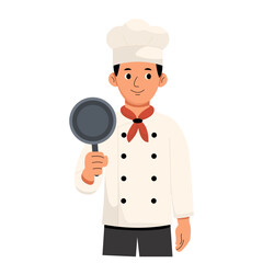 Flat illustration of male chef for Labor Day. Front view flat vector of a male chef in uniform with hat. Perfect for food, cooking, hospitality, and Labor Day topics.