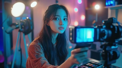 Asian vlogger records video with digital camera for online audience, expressing creativity, staying connected.