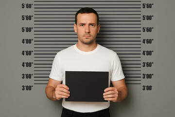 Criminal suspect mugshot photo background, man holding blank board standing in front of police lineup height chart, law enforcement arrest scene, criminal record ID, prisoner booking concept

