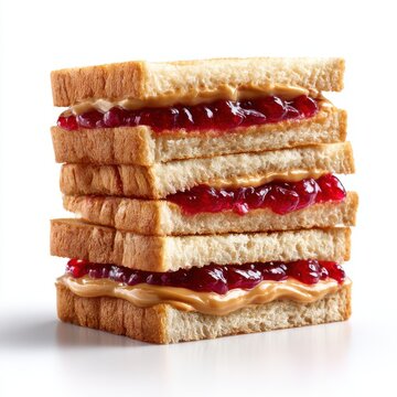 Stack of pb and j sandwiches on white background