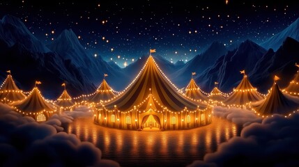 Enchanting Circus Tents Illuminated in a Mountain Valley at Night