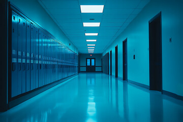 Fototapeta premium High school hallway with lockers on the left and doors at the end of the hall, blue accents, white glossy floor. 