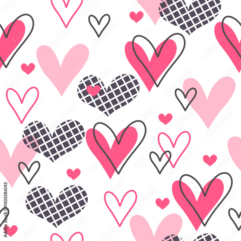 Poster seamless pattern of hearts in various styles and sizes. the background is white, and the hearts are 