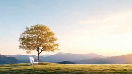 A solitary tree and a white chair on a grassy hill at sunrise or sunset, overlooking a vast mountain landscape under a golden sky.