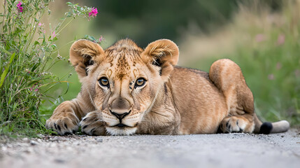 Naklejka premium Young Lion Cub Resting on a Dirt Road in Natural Habitat with Green Vegetation and Brown Fur