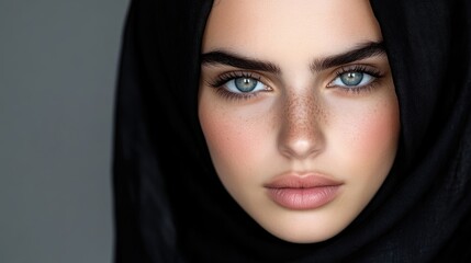 Close-up portrait of a beautiful woman with striking blue eyes and dark eyebrows wearing a black hijab, looking directly at the viewer.