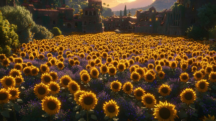 Obraz premium Sunflowers and lavender field at sunset, idyllic village background; travel poster