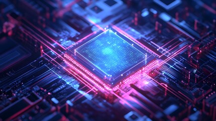 A computer chip with a blue and red design. The blue and red colors give the impression of a futuristic and advanced technology