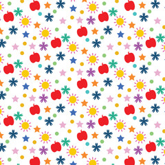 Colorful Seamless Kids Pattern with Apple, Sun, and Stars - Playful Vector Background Design