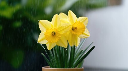 Two vibrant yellow daffodils in a terracotta pot, gently showered by rain, with a soft green and white background.