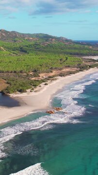 Aerial drone view on white sand Berchida beach of Sardegna. Warm turquoise sea and long beach on the Sardinia island.