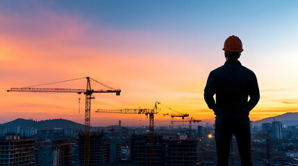 Construction Worker Silhouette At Sunset City Skyline View