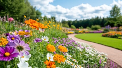 Vibrant summer garden blooms along a curving path