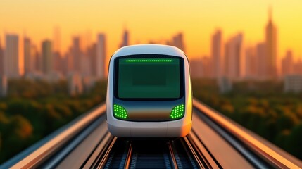 Futuristic Solar-Powered Monorail Gliding Through a Modern Cityscape with a Sunset Background and Urban Skyline