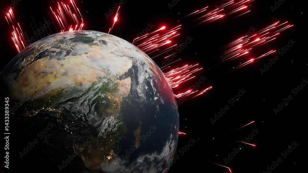 Poster planet earth with visible africa at night and glowing red digital arrows in outer space. 3d render r