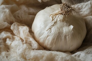 Close-up view of a bulbous head of garlic nestled within a soft, draped fabric.