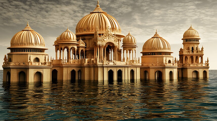 Obraz premium Golden palace submerged in rising sea, dramatic clouds; environmental disaster imagery