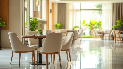Table awaits patrons, set with plates and decor, promising an elegant dining experience in a modern setting.