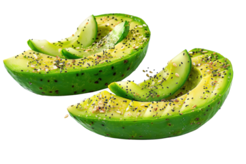Green avocado slices seasoned with spices on a clean white background perfect for healthy eating presentations