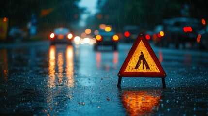 Pedestrian crossing sign stands on wet road, alerting to danger, cars lights blur nearby.