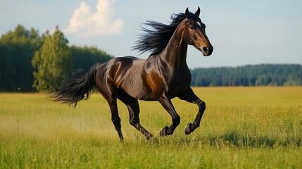 Horse gallops powerfully through grassy field, symbolizing freedom, strength, grace, beauty, energy, spirit.