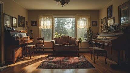 An elegant living room interior with antique pianos and natural light