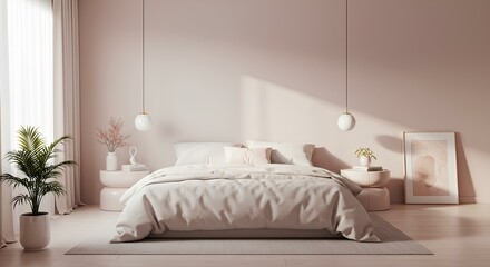 minimalist bedroom with pink nuances
