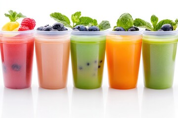 Five Colorful Fruit Smoothies in Clear Cups