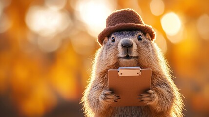 Groundhog with Hat Holding Clipboard in Autumn Scene for Presentation