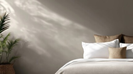Serene bedroom interior with a comfortable bed, white and beige pillows, and a potted plant, illuminated by soft natural light creating beautiful shadows on the wall.