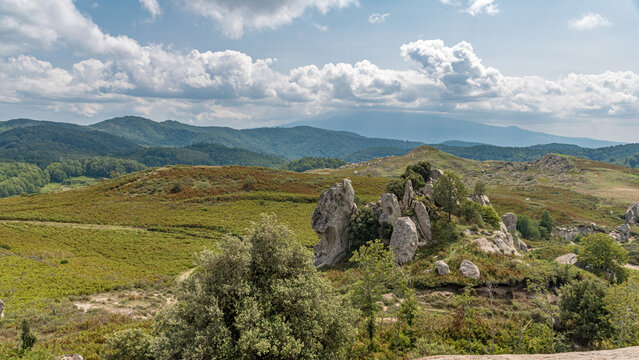 Panoramic view of the Argimusco plateau in the Nebrodi mountain range in northern Sicily