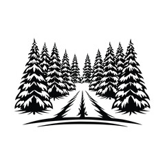 Obraz premium Monochrome Silhouette Pine Trees Lining a Path, Nature Landscape in Black and White