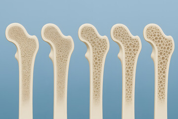 Osteoporosis bone density loss stages illustration, healthy to brittle femur cross sections, medical comparison concept, aging skeletal disease, anatomical cutaway, 3D render on blue background

