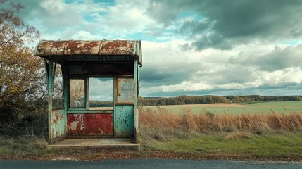 Fotobehang Weathered bus shelter stands abandoned, rural landscape showing dilapidated structure, fields, trees, overcast sky. © sitifatimah