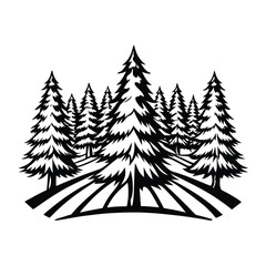 Black Silhouette Dense Evergreen Pine Forest Trees Landscape on White Backdrop