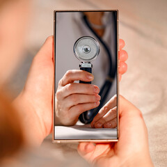 Close-up of woman hands holding modern smartphone displaying doctor's hand with stethoscope.  Telemedicine and digital healthcare concept. Copy space for text and product. Mock up. 