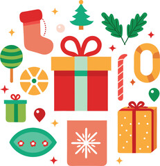 Flat Christmas Gift Boxes and Festive Icons Holiday Vector with Decorations, Candy, and Seasonal Elements	