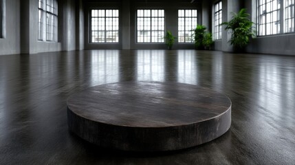 A minimalist industrial-style room with a dark circular platform in the center, featuring large windows and subtle green plants in the background.