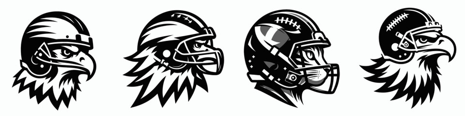 Bald Eagle head with american football helmet. Sport lover graphic design. Avian predator visage sporting gridiron dome usa icon patriotic headgear.