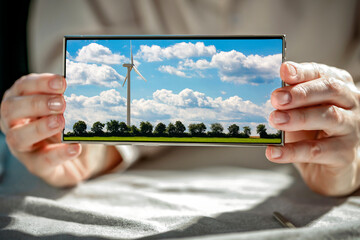 Close-up of woman hands holding smartphone with industrial scenic landscape. Modern mobile and renewable energy concept. Copy space for text.