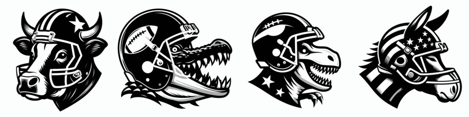 Cow head with american football helmet. Sport lover graphic design. Bovine cranium donned gridiron protective gear sportsmanlike mammal mascot image.
