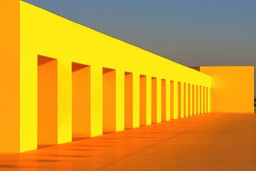 A long, vibrant yellow architectural corridor with repeating pillars casting deep orange shadows under a clear blue sky, creating a striking geometric perspective.